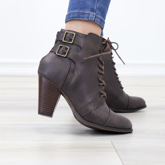 Lace-Up Brown Block Cone High Heeled Ankle Boots Pointed Toe - Picture 3 of 10